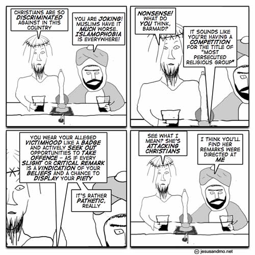 Jesus & Mohamed (sp?) discuss, over drinks, which faith is more discriminated against